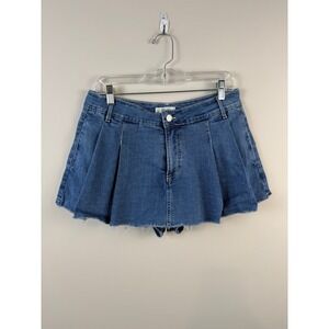 Love Tree Denim Pleated Mini Skort Medium Wash High Rise Raw Hem Large 6928PN